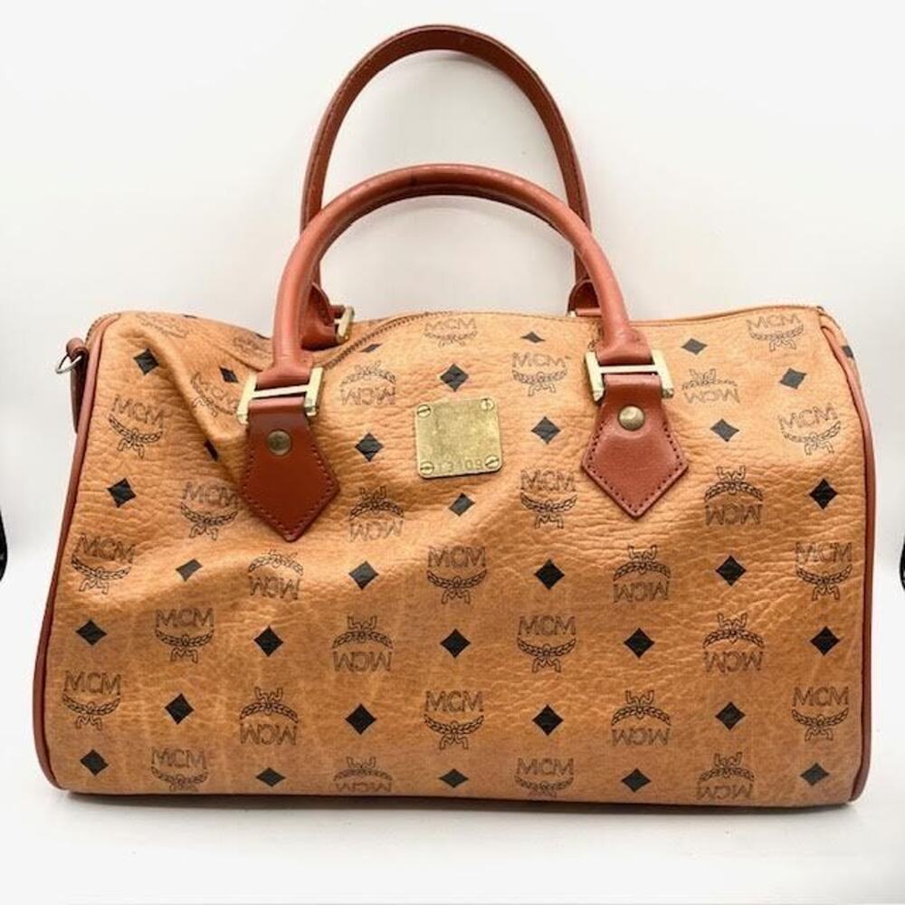 MCM Visetos Top Handle/Shoulder Bag Cognac Canvas/Leather 13.75x8.5x8